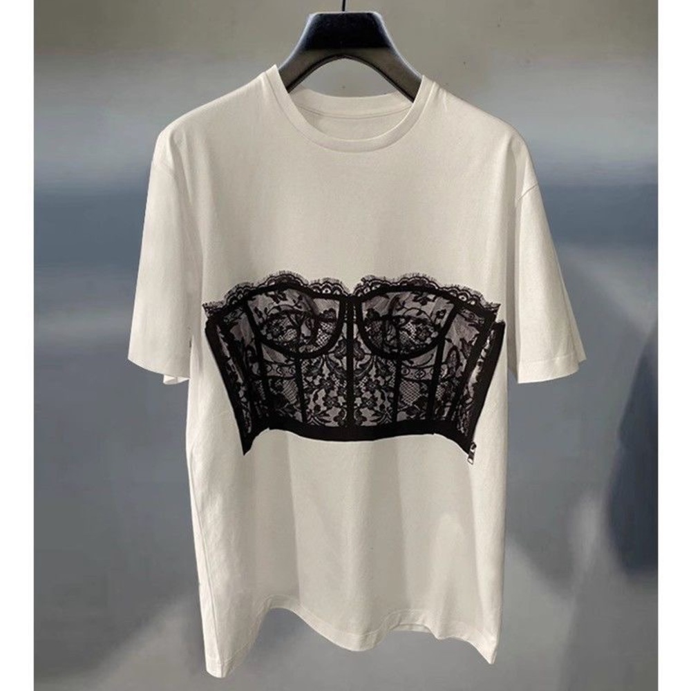 White T-Shirt with Black Lace Corset Design